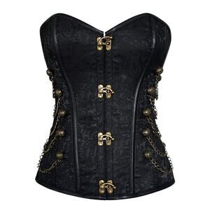 Charmian Steampunk Gothic Brocade Overbust Corset with Chains Black Sz M
